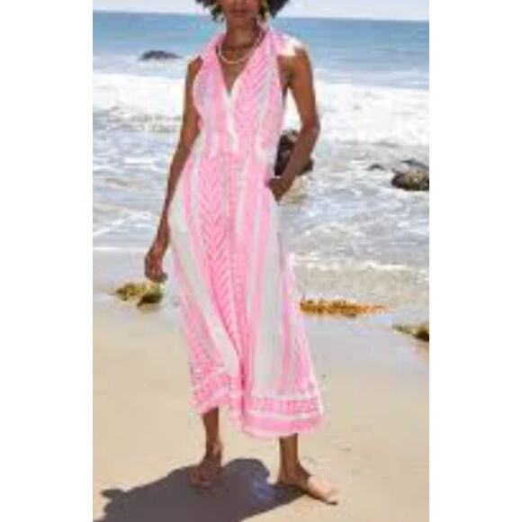 Just Bellina Aztec Hot Pink Sleeveless Linen Dress, Collar & Belt, Large - Picture 1 of 7